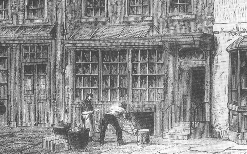 Drawing of Plough Court Pharmacy in 1715