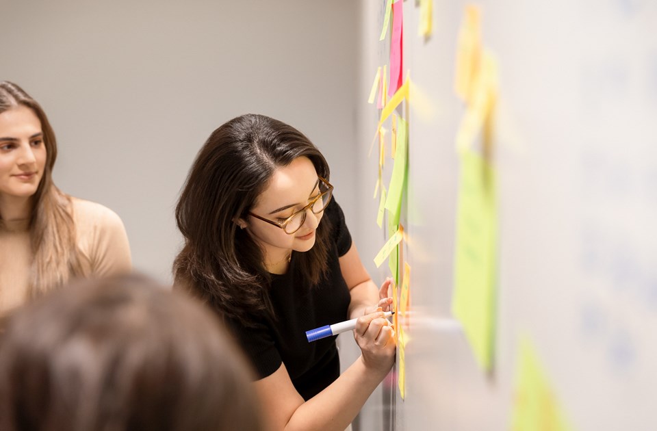 Three female employees brainstorming and writing on a whiteboard