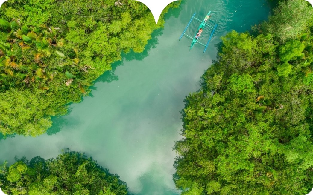 People on a raft navigating on the water in the forest