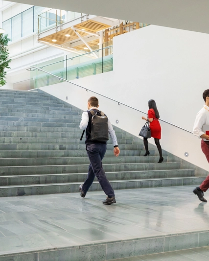Employees walking up and down the stairs in front of a building